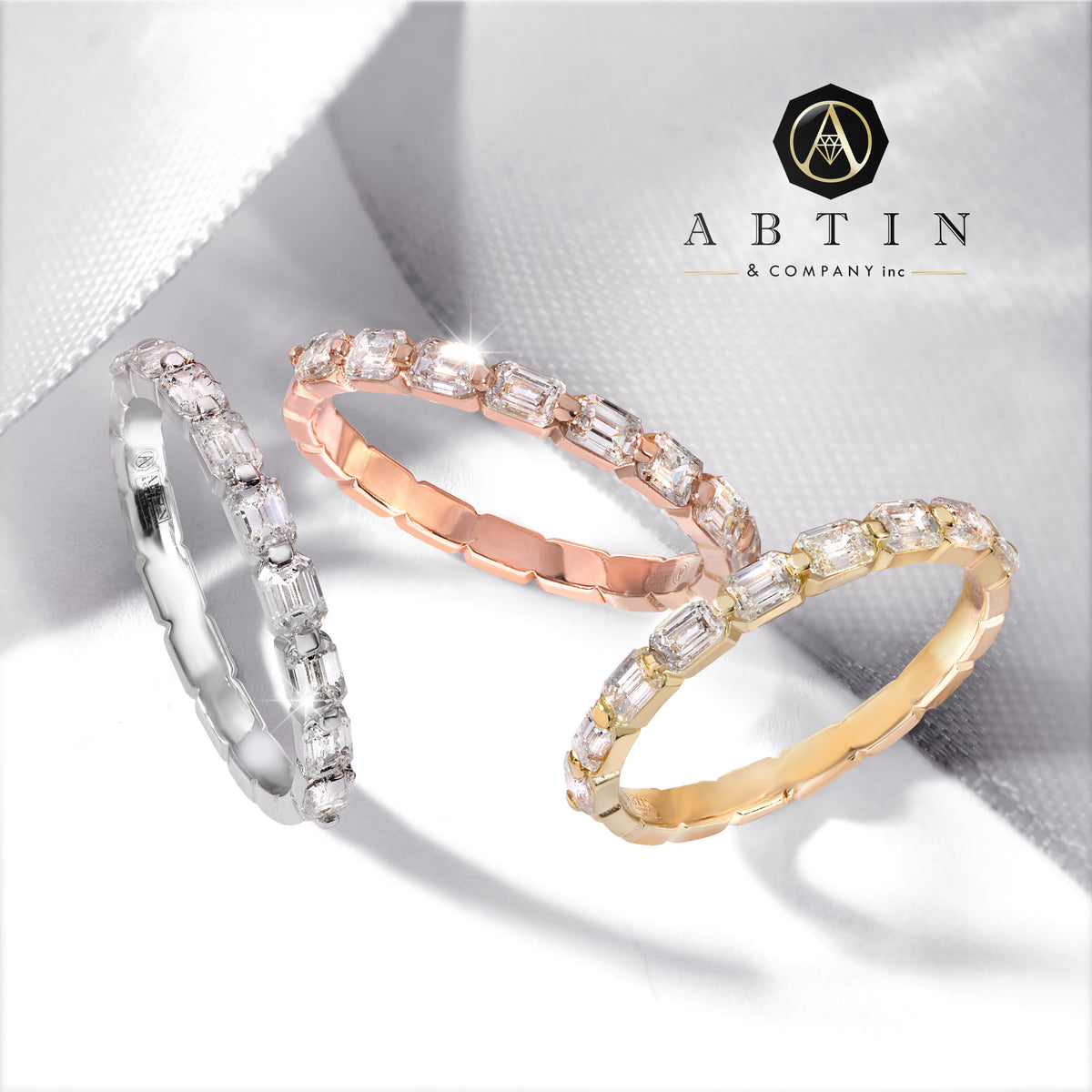 14K Gold Emerald Cut Halfway East West Eternity Modern Prong Set Lab Grown Diamond Wedding Band Ring - Abtin & Company 