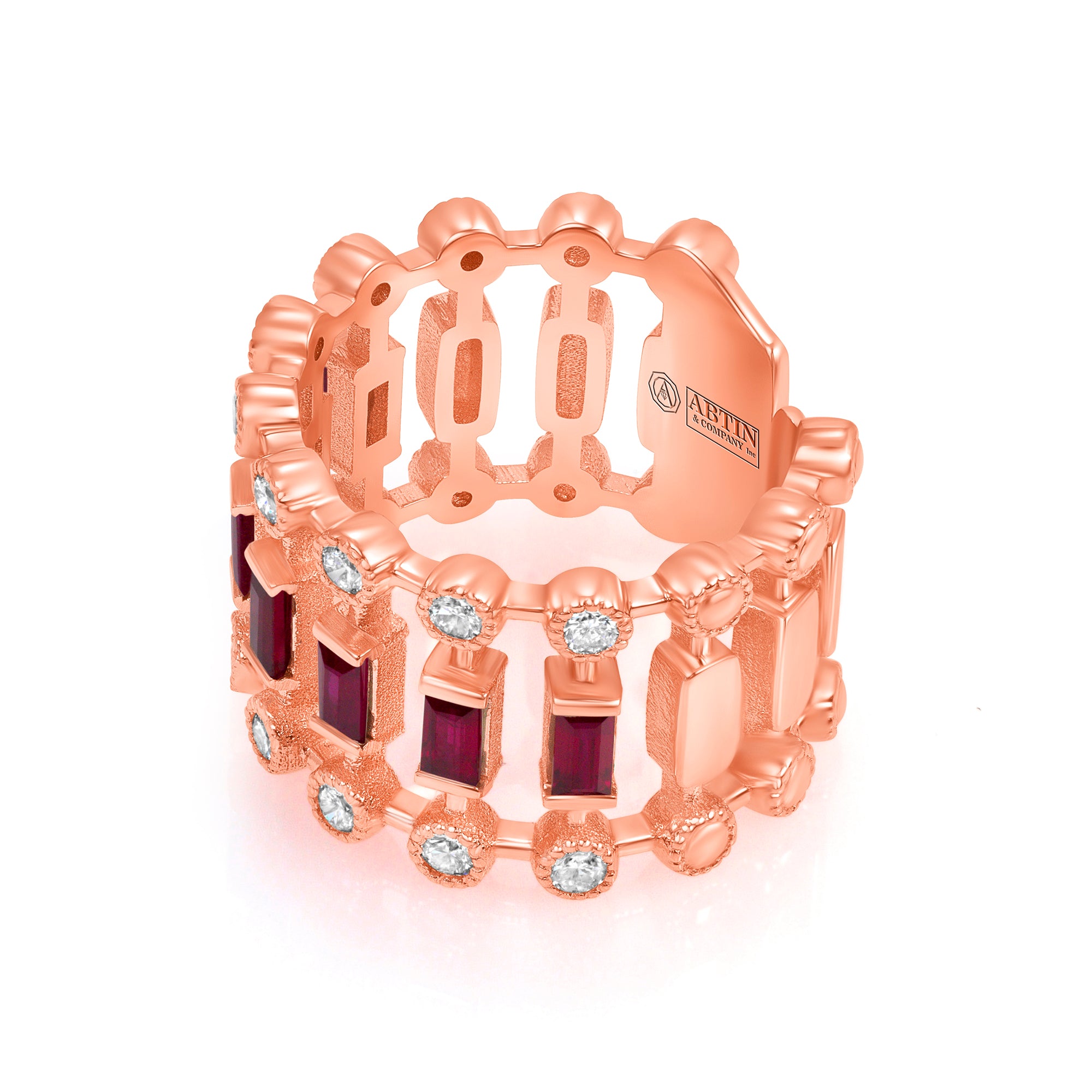 14K Rose Gold Diamond & Ruby Lace Cigar Ring - Abtin & Company 