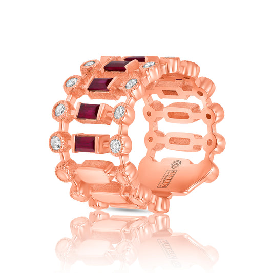 14K Rose Gold Diamond & Ruby Lace Cigar Ring - Abtin & Company 