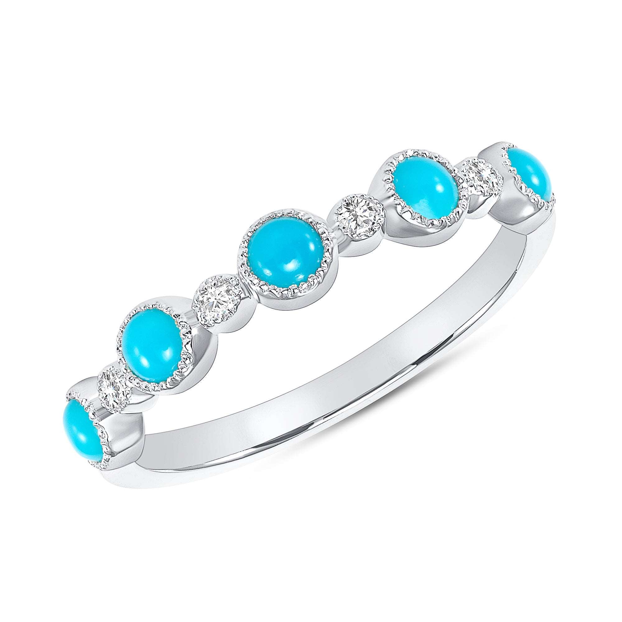 14k Alternate Diamond and Turquoise Bezel Set Stackable Ring Band - Abtin & Company 