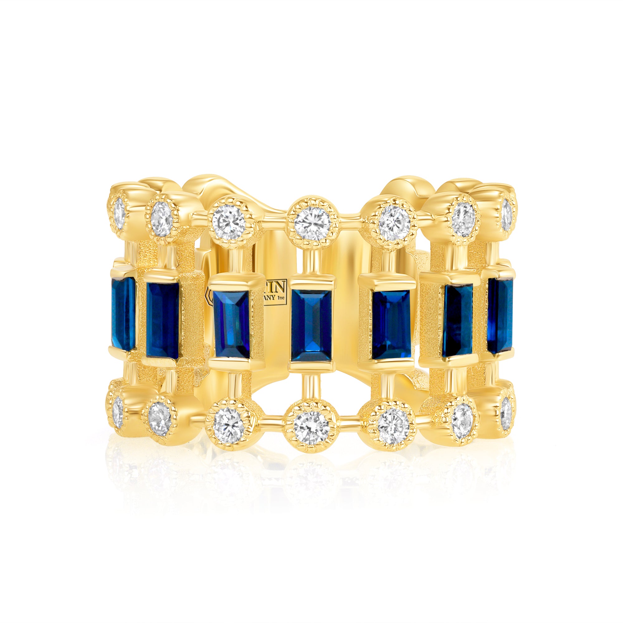 14K Yellow Gold Diamond & Blue Sapphire Lace Cigar Ring - Abtin & Company