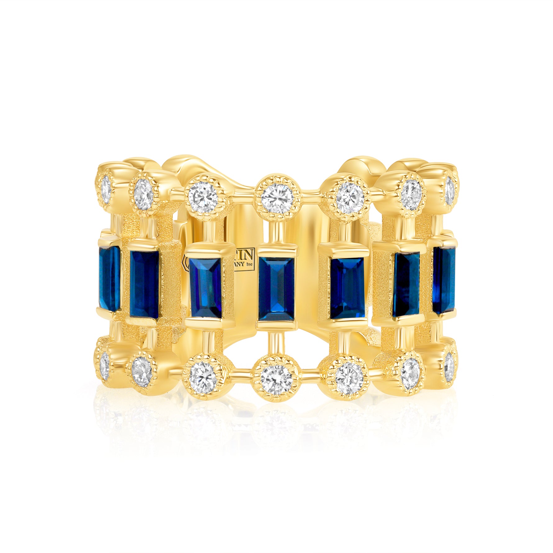 14K Yellow Gold Diamond & Blue Sapphire Lace Cigar Ring - Abtin & Company 