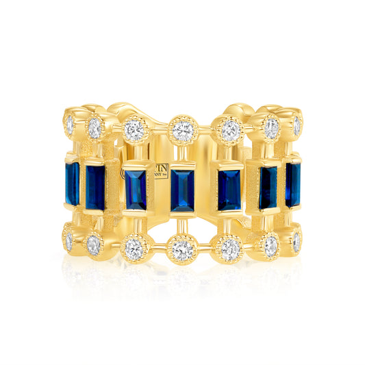 14K Yellow Gold Diamond & Blue Sapphire Lace Cigar Ring - Abtin & Company 