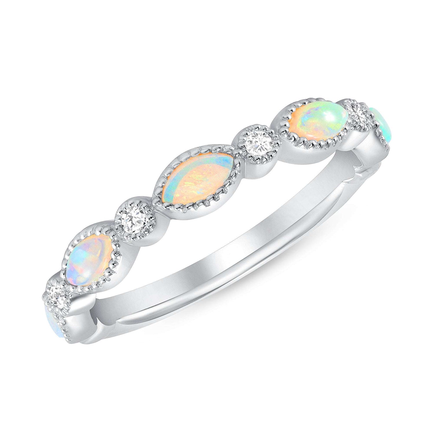 14K Gold Diamond & Opal Bead & Eye Bezel Ring/Stackable Ring - Abtin & Company 