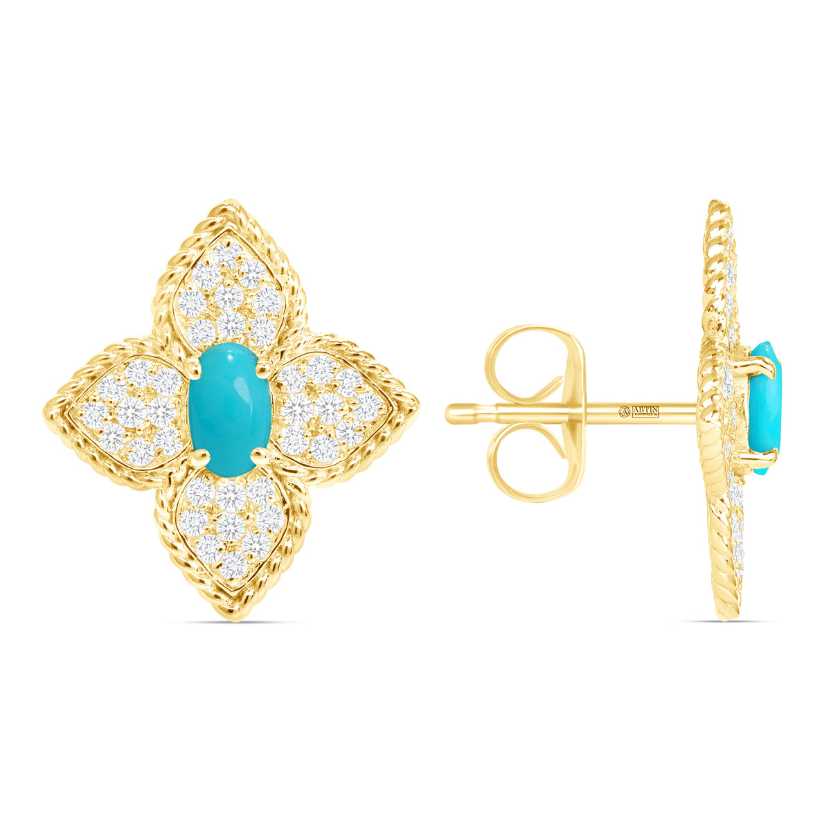 14K Gold Floral Turquoise and Diamond Pave Set Studs Earrings - Abtin & Company 