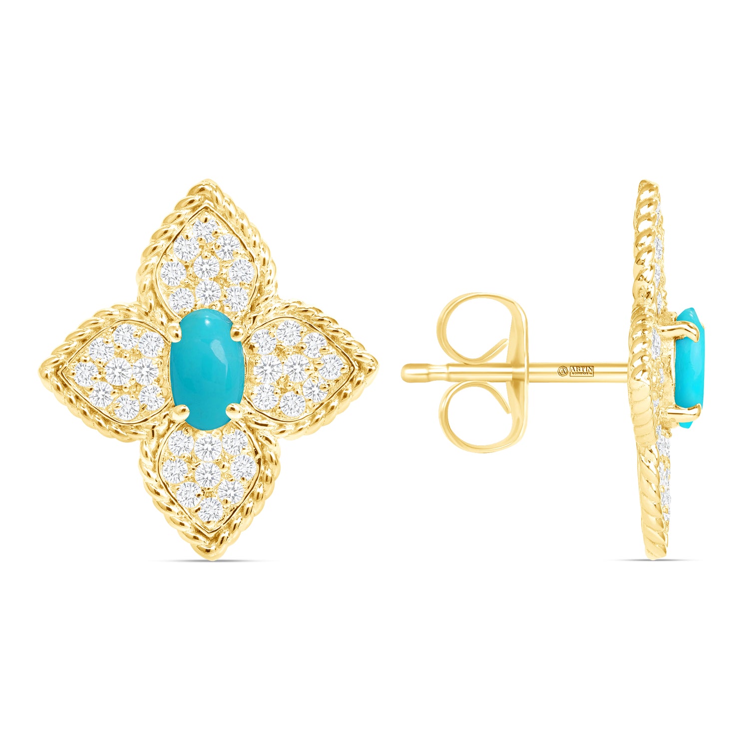 14K Gold Floral Turquoise and Diamond Pave Set Studs Earrings - Abtin & Company 
