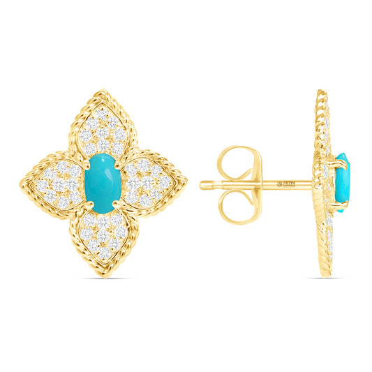 14K Gold Floral Turquoise and Diamond Pave Set Studs Earrings - Abtin & Company 