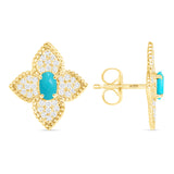 14K Gold Floral Turquoise and Diamond Pave Set Studs Earrings - Abtin & Company 