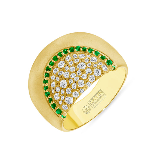 14K Yellow Gold Diamond And Emerald Vintage Look Wide Ring - Abtin & Company 
