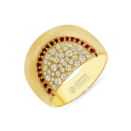 14K Yellow Gold Diamond & Ruby Vintage Look Wide Ring - Abtin & Company 