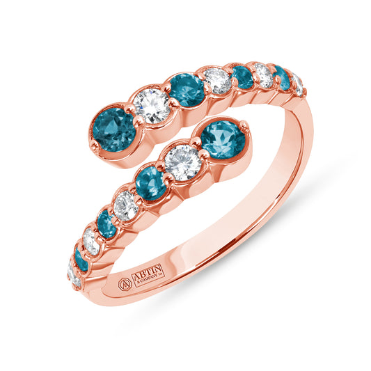 14K Rose Gold Alternate Diamond & London Blue Topaz Bezel Bypass Ring Band - Abtin & Company 