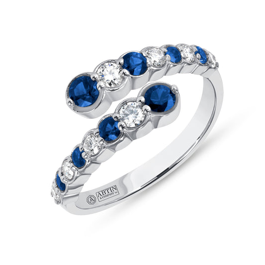 14K White Gold Alternate Diamond & Blue Sapphire Bypass Ring Band - Abtin & Company 