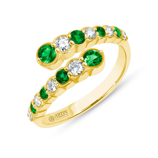 14K Yellow Gold Alternate Diamond & Emerald Bezel Bypass Ring Band - Abtin & Company 