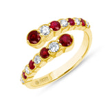 14K Yellow Gold Alternate Diamond & Ruby Bezel Bypass Ring Band - Abtin & Company 