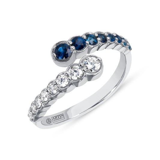 14K White Gold Alternate Diamond & Blue Sapphire Bezel Bypass Ring Band - Abtin & Company 