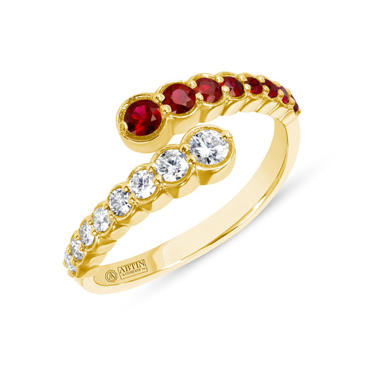 14K Yellow Gold Diamond & Ruby Bezel Bypass Ring Band - Abtin & Company 