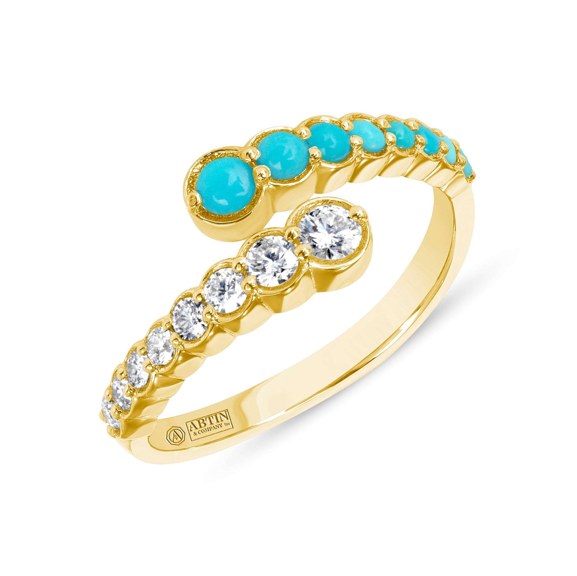 14K Gold Diamond & Turquoise Bezel Bypass Ring Band - Abtin & Company 