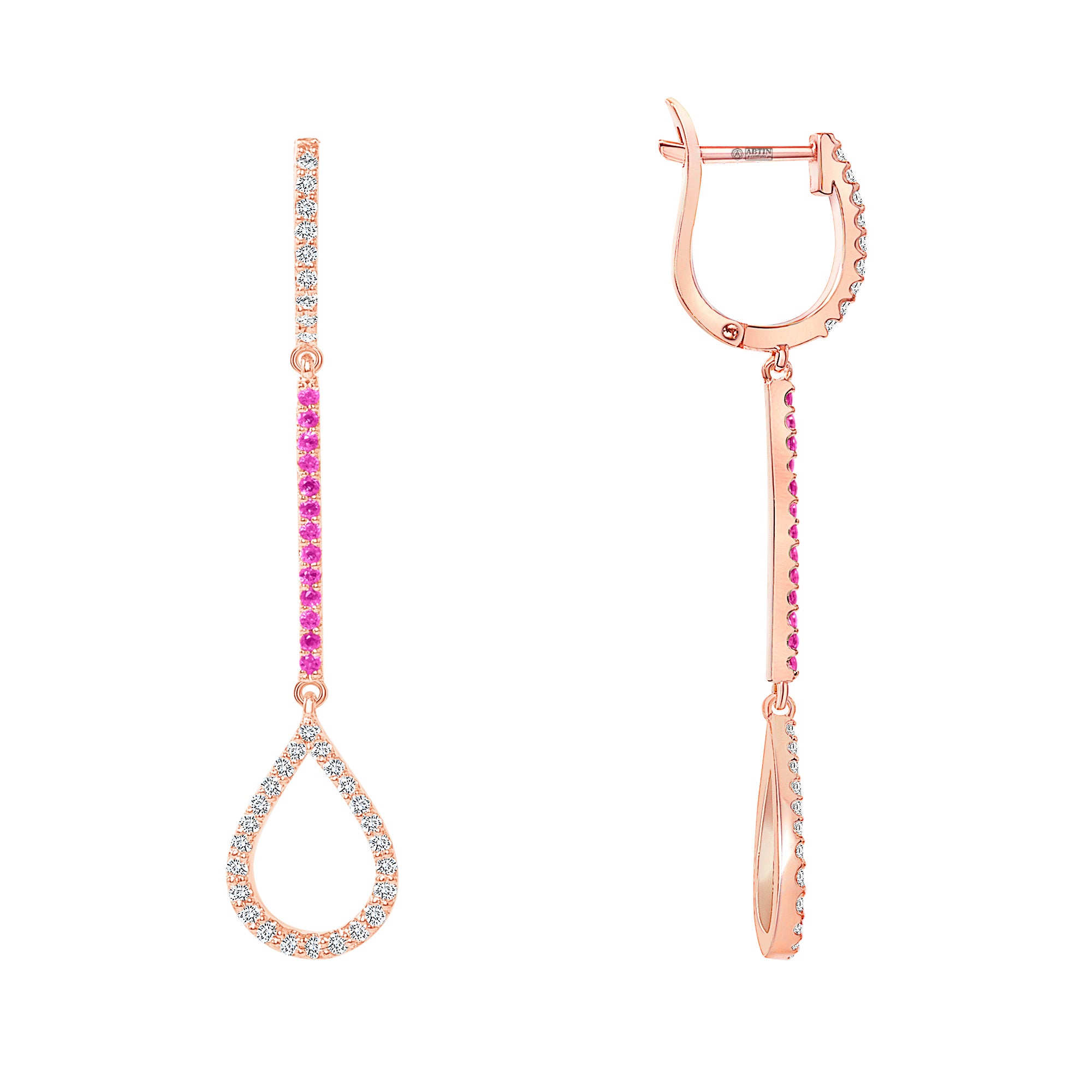 14K Gold Diamond & Pink Sapphire Teardrop Dangle Earring - Abtin & Company 