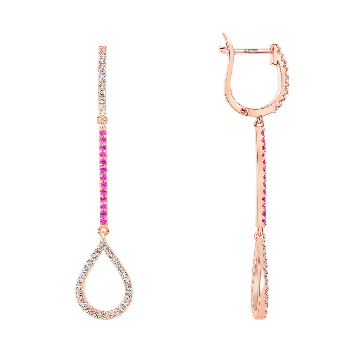 14K Gold Diamond & Pink Sapphire Teardrop Dangle Earring - Abtin & Company 