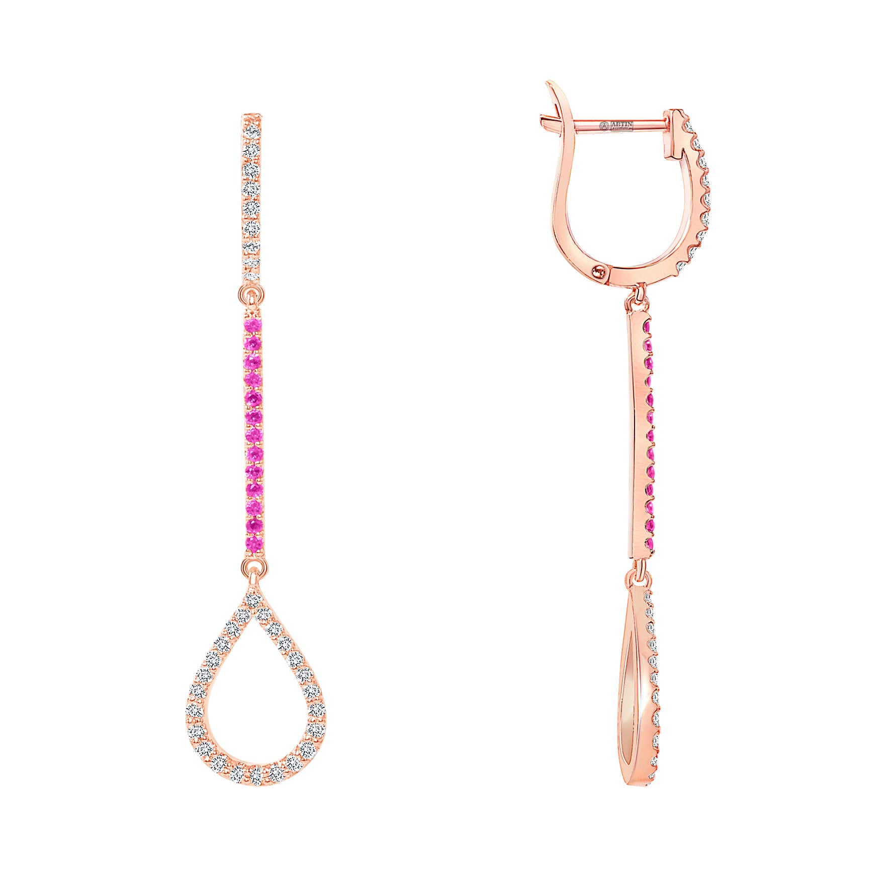 14K Gold Diamond & Pink Sapphire Teardrop Dangle Earring - Abtin & Company 