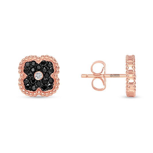 14K Gold Black Diamond & Diamond Floral Studs Earrings - Abtin & Company 