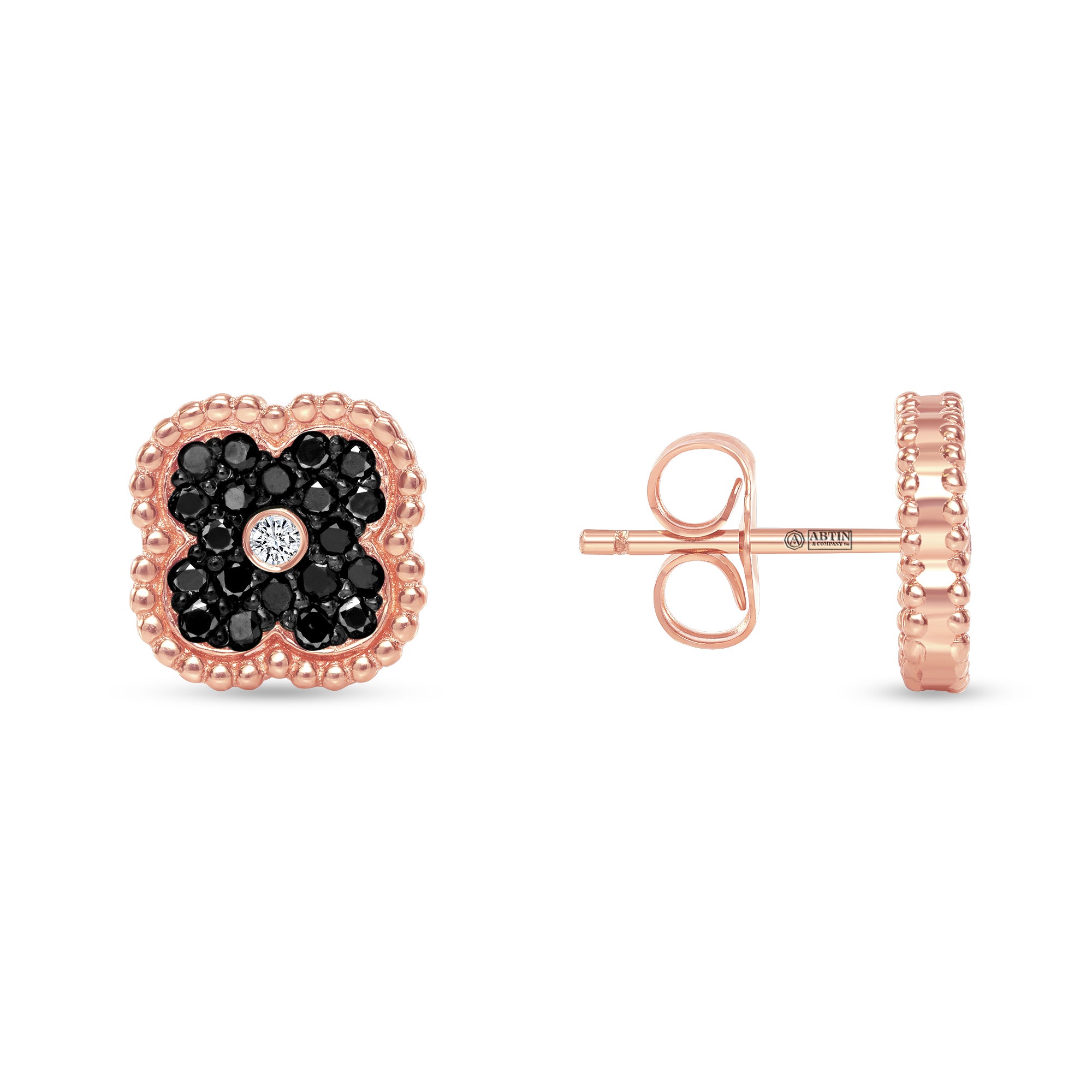 14K Gold Black Diamond & Diamond Floral Studs Earrings - Abtin & Company 