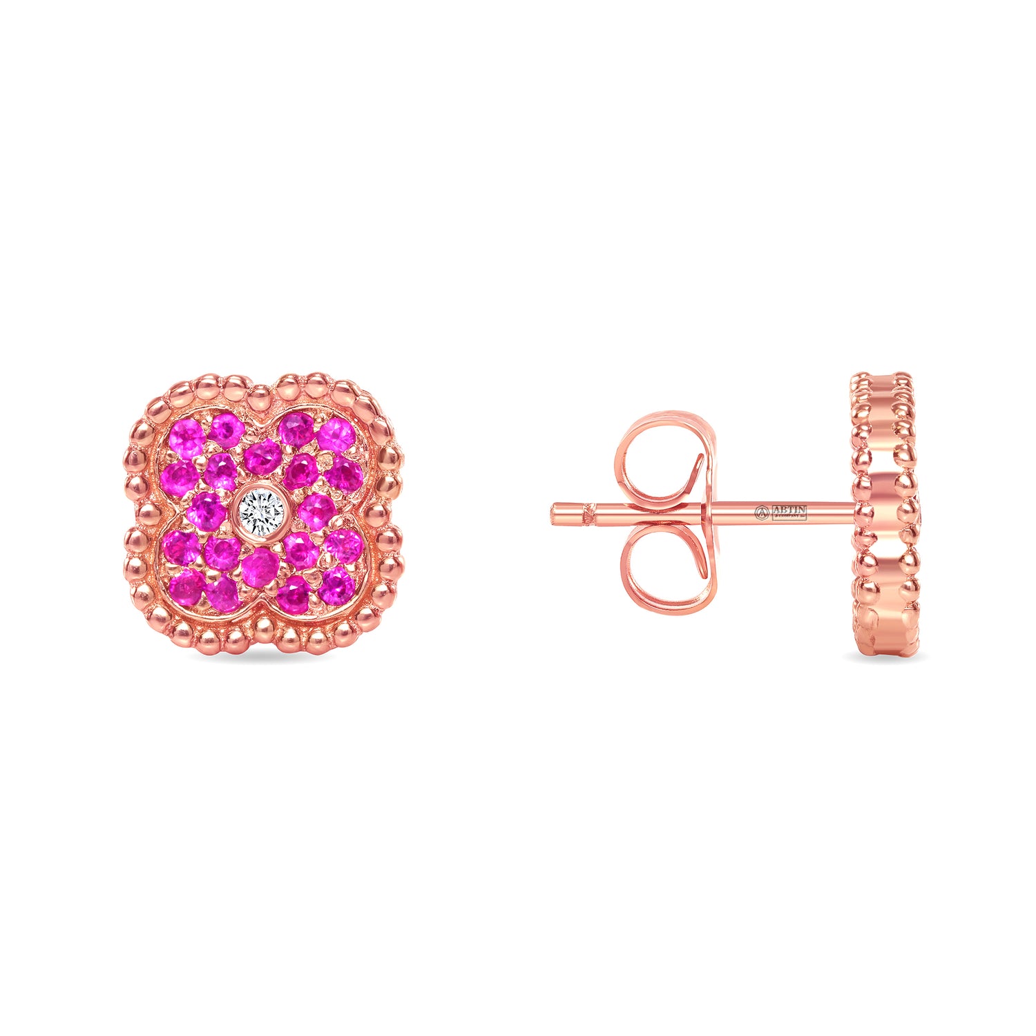 14K Gold Pink Sapphire & Diamond Floral Studs Earrings - Abtin & Company 