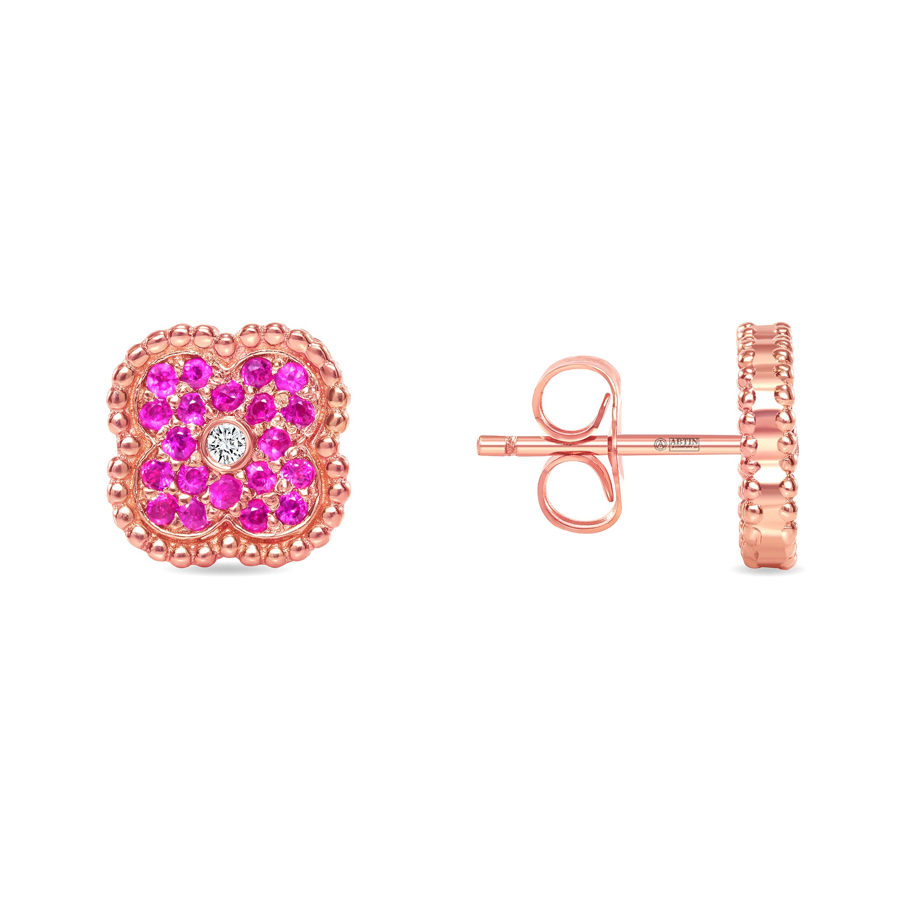 14K Gold Pink Sapphire & Diamond Floral Studs Earrings - Abtin & Company 