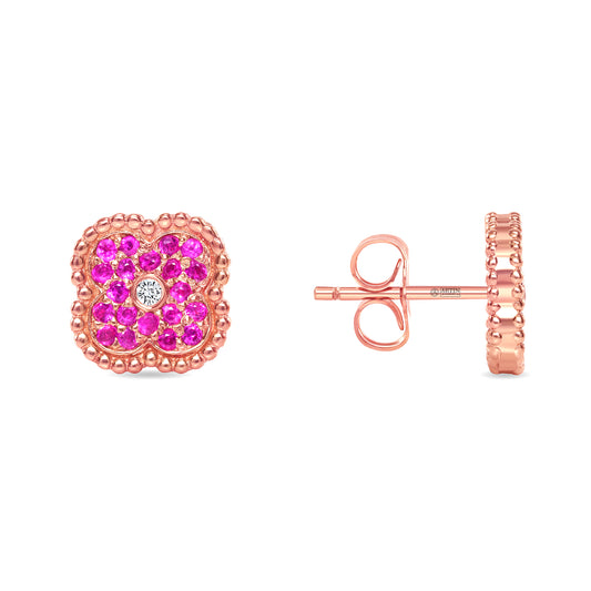 14K Gold Pink Sapphire & Diamond Floral Studs Earrings - Abtin & Company 