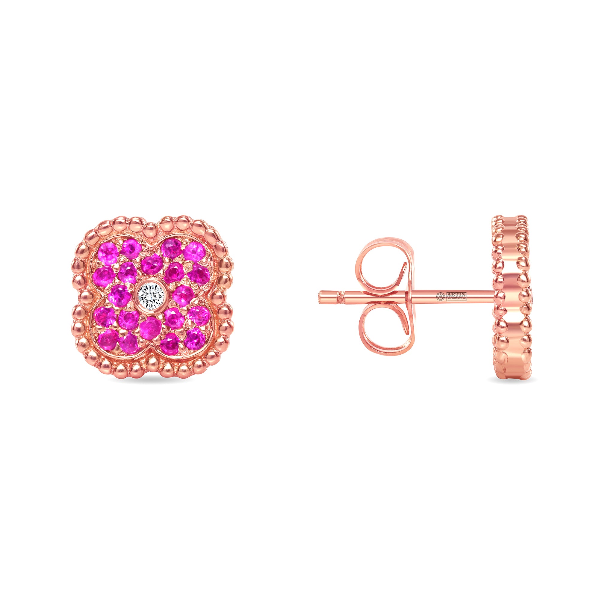 14K Gold Pink Sapphire & Diamond Floral Studs Earrings - Abtin & Company 