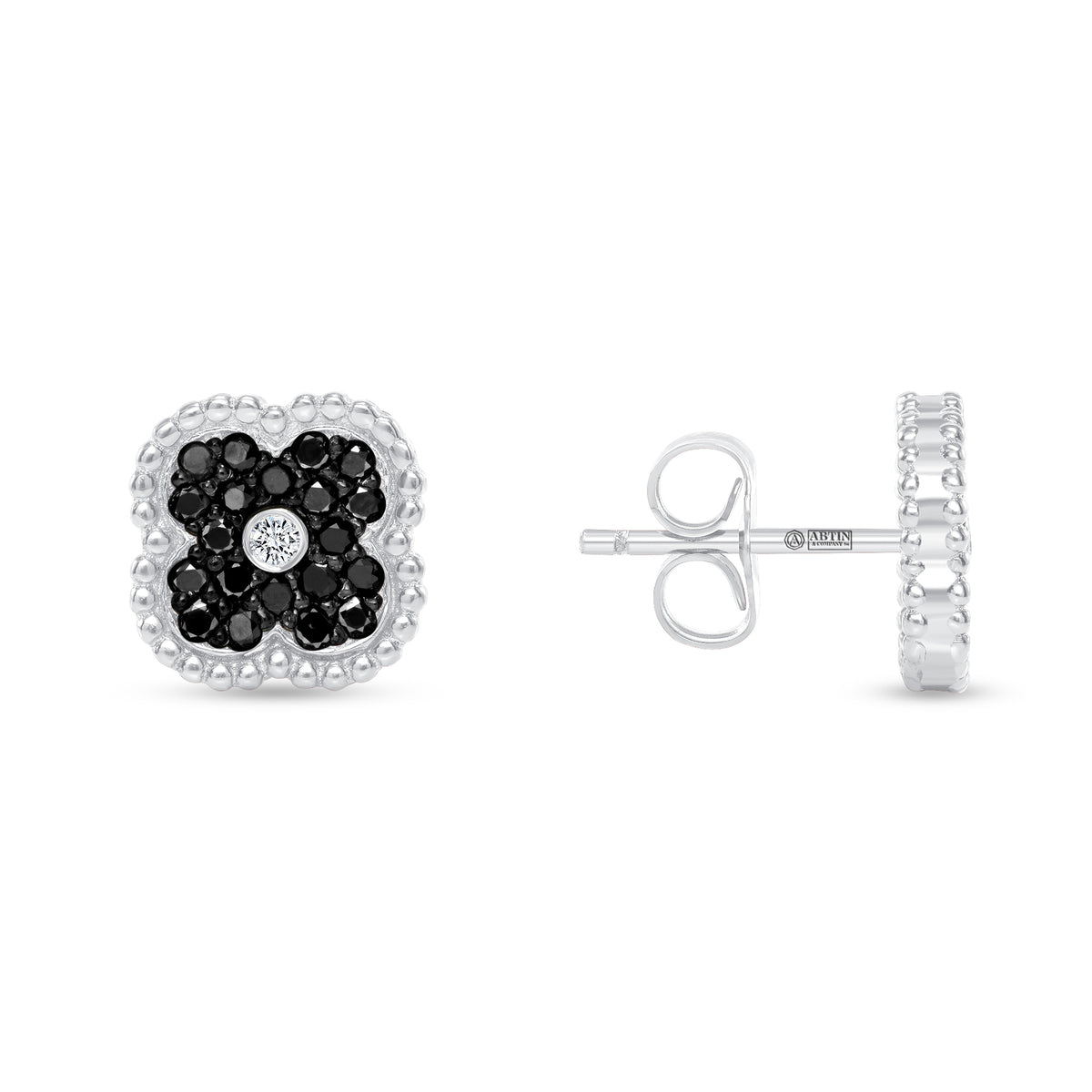 14K Gold Black Diamond & Diamond Floral Studs Earrings - Abtin & Company 