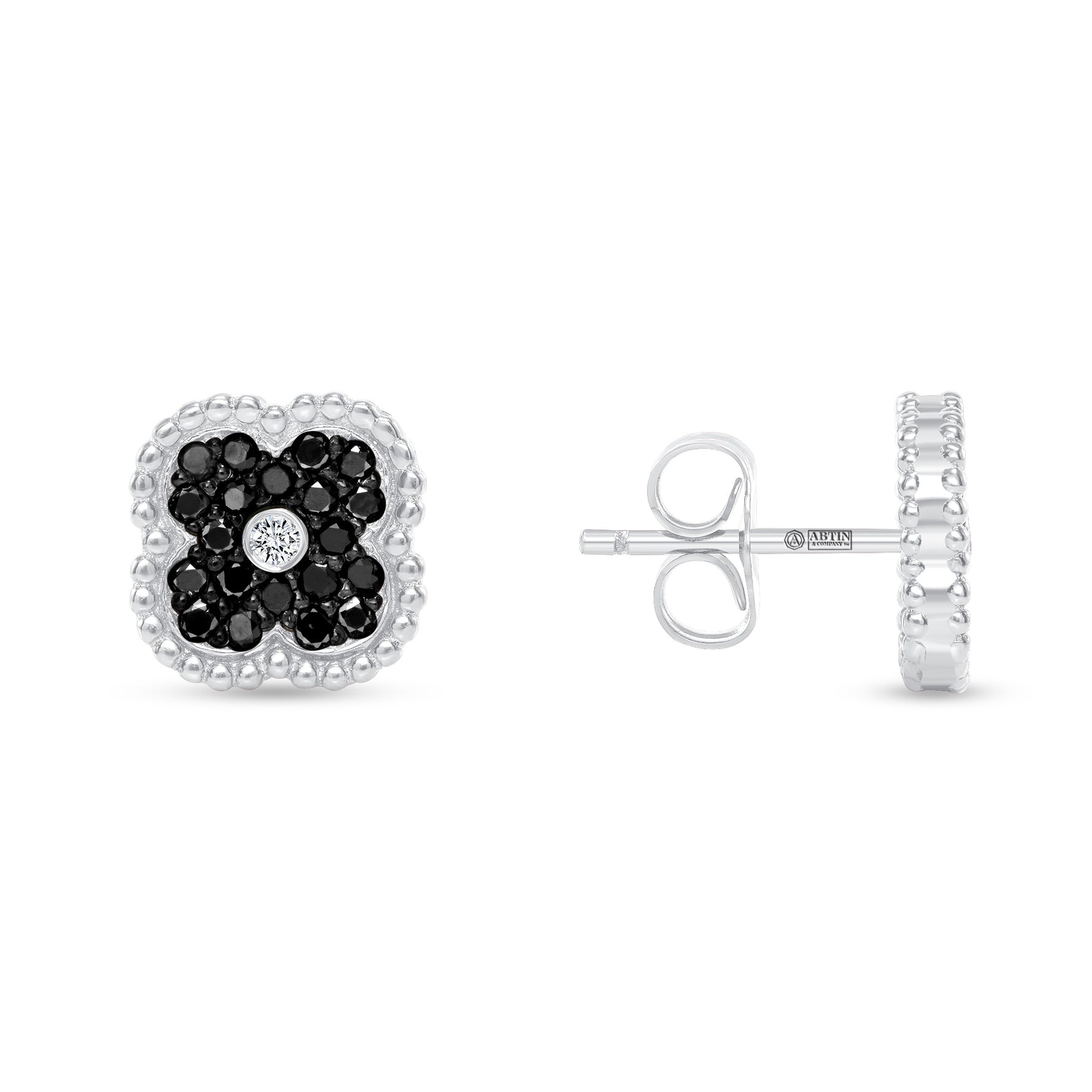 14K Gold Black Diamond & Diamond Floral Studs Earrings - Abtin & Company 