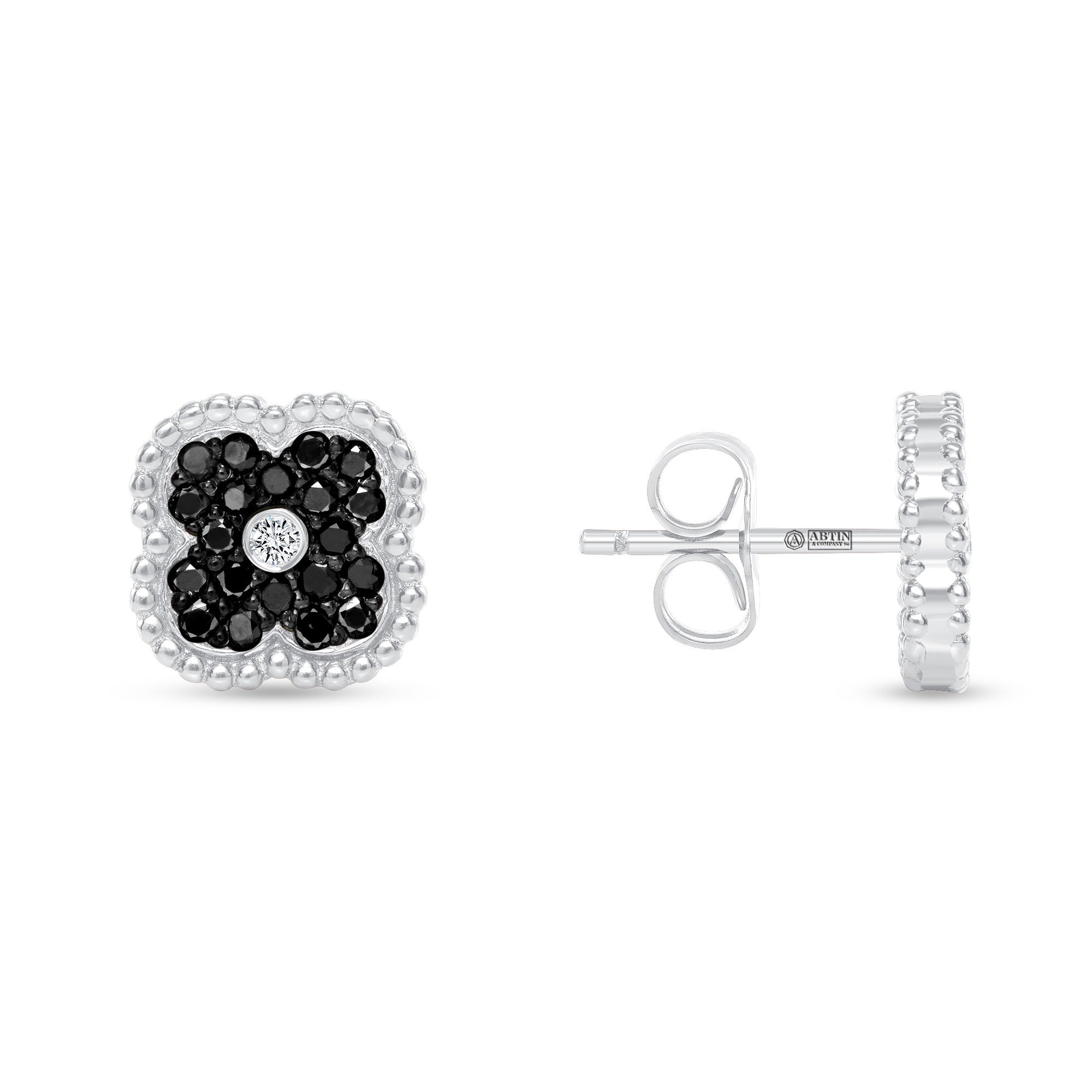 14K Gold Black Diamond & Diamond Floral Studs Earrings - Abtin & Company 
