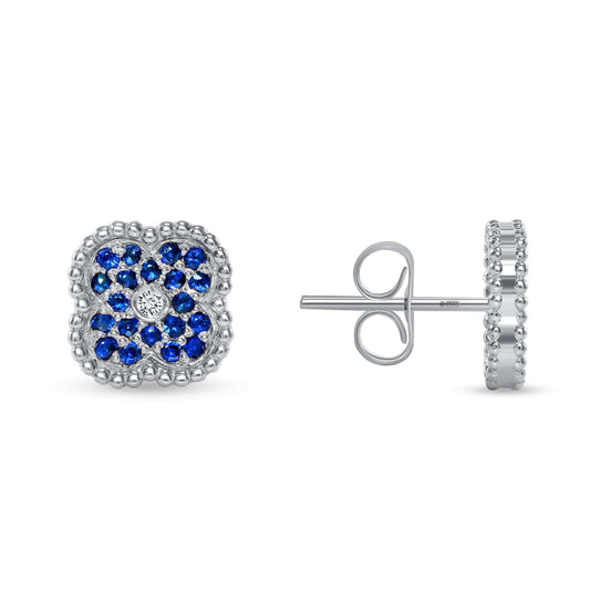 14K Gold Blue Sapphire & Diamond Floral Studs Earrings - Abtin & Company 