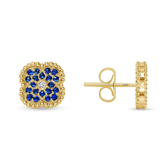 14K Gold Blue Sapphire & Diamond Floral Studs Earrings - Abtin & Company 