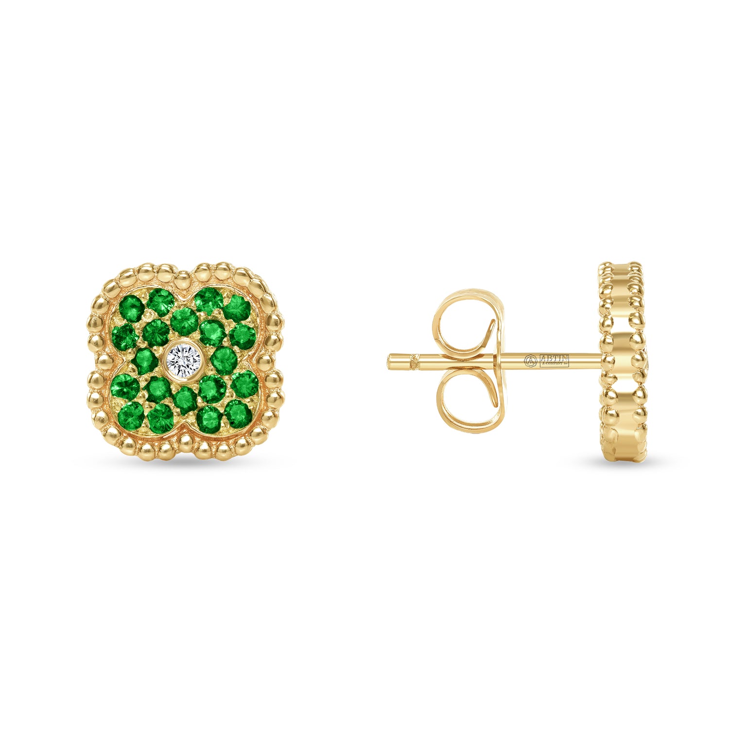 14K Gold Emerald & Diamond Floral Studs Earrings - Abtin & Company 