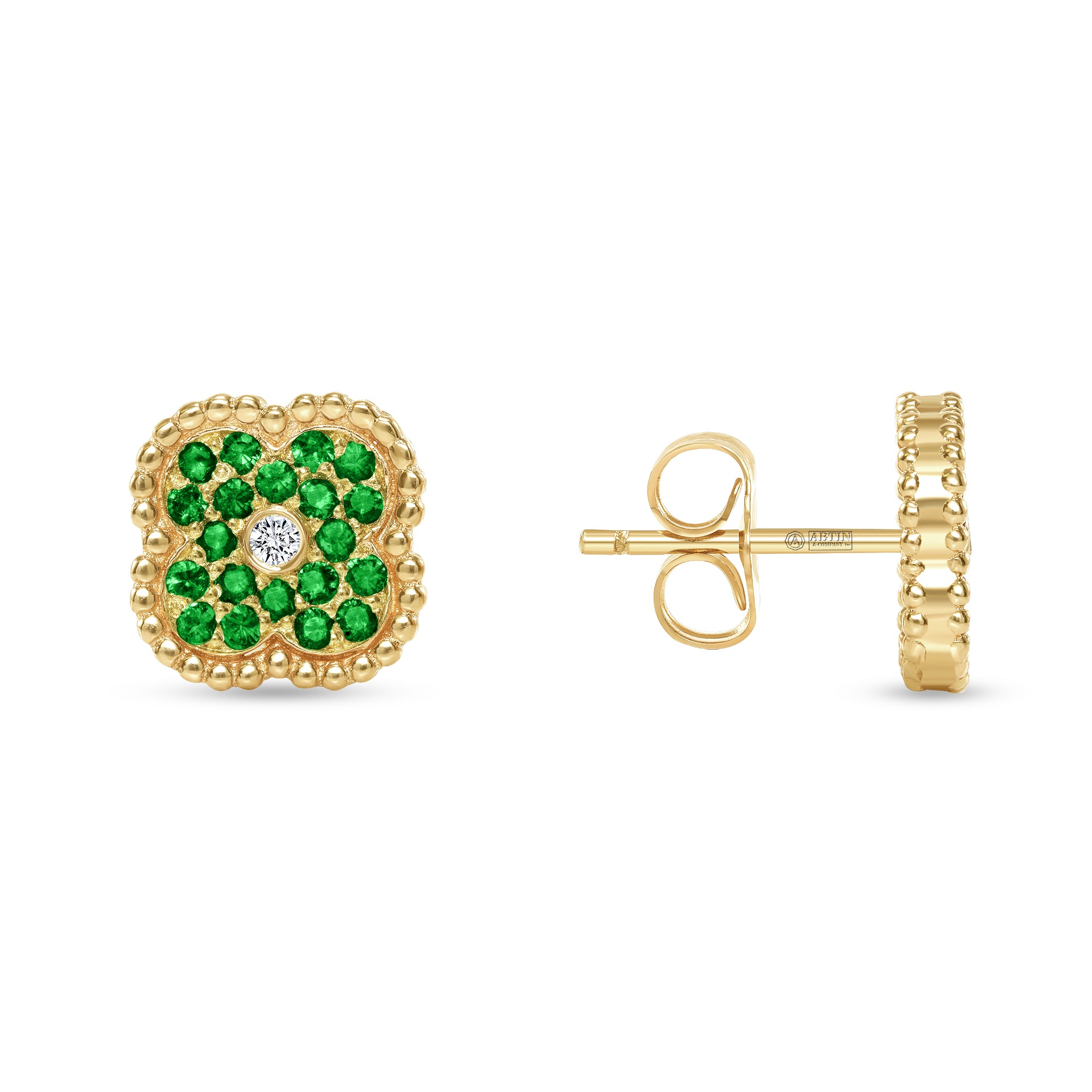 14K Gold Emerald & Diamond Floral Studs Earrings - Abtin & Company 