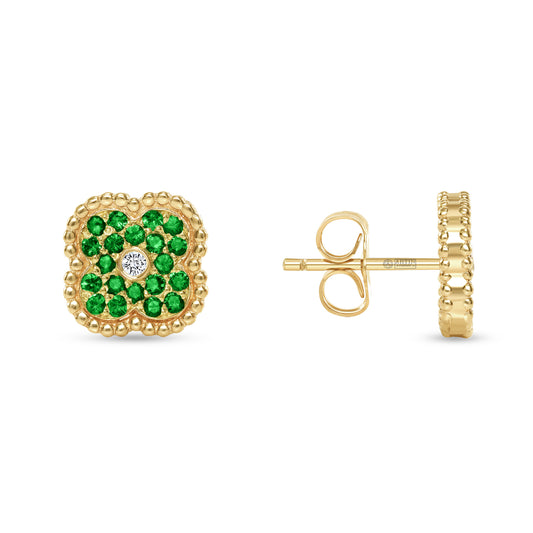 14K Gold Emerald & Diamond Floral Studs Earrings - Abtin & Company 