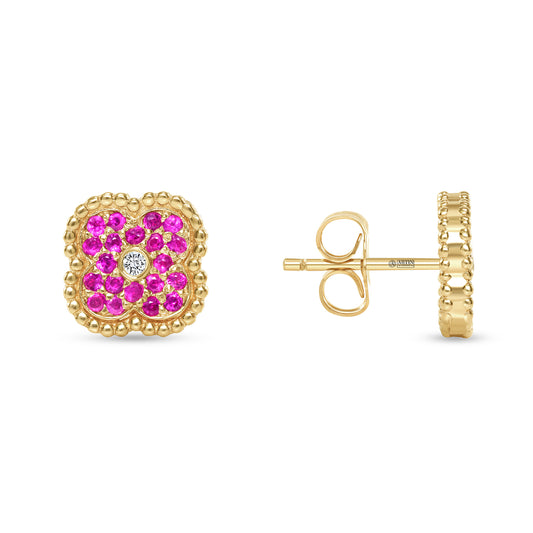 14K Gold Pink Sapphire & Diamond Floral Studs Earrings - Abtin & Company 