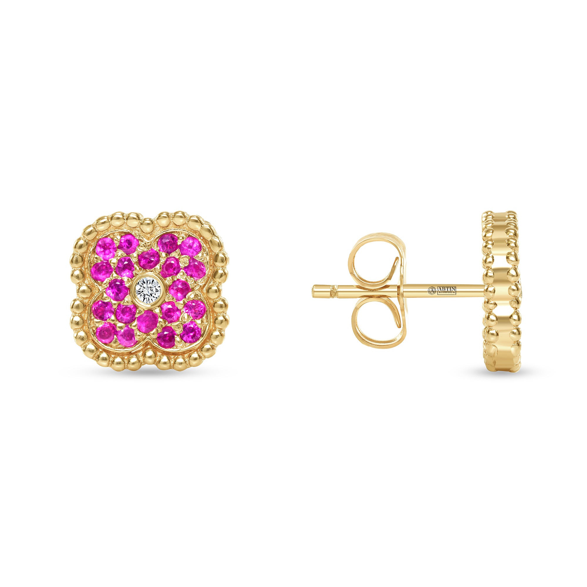 14K Gold Pink Sapphire & Diamond Floral Studs Earrings - Abtin & Company 