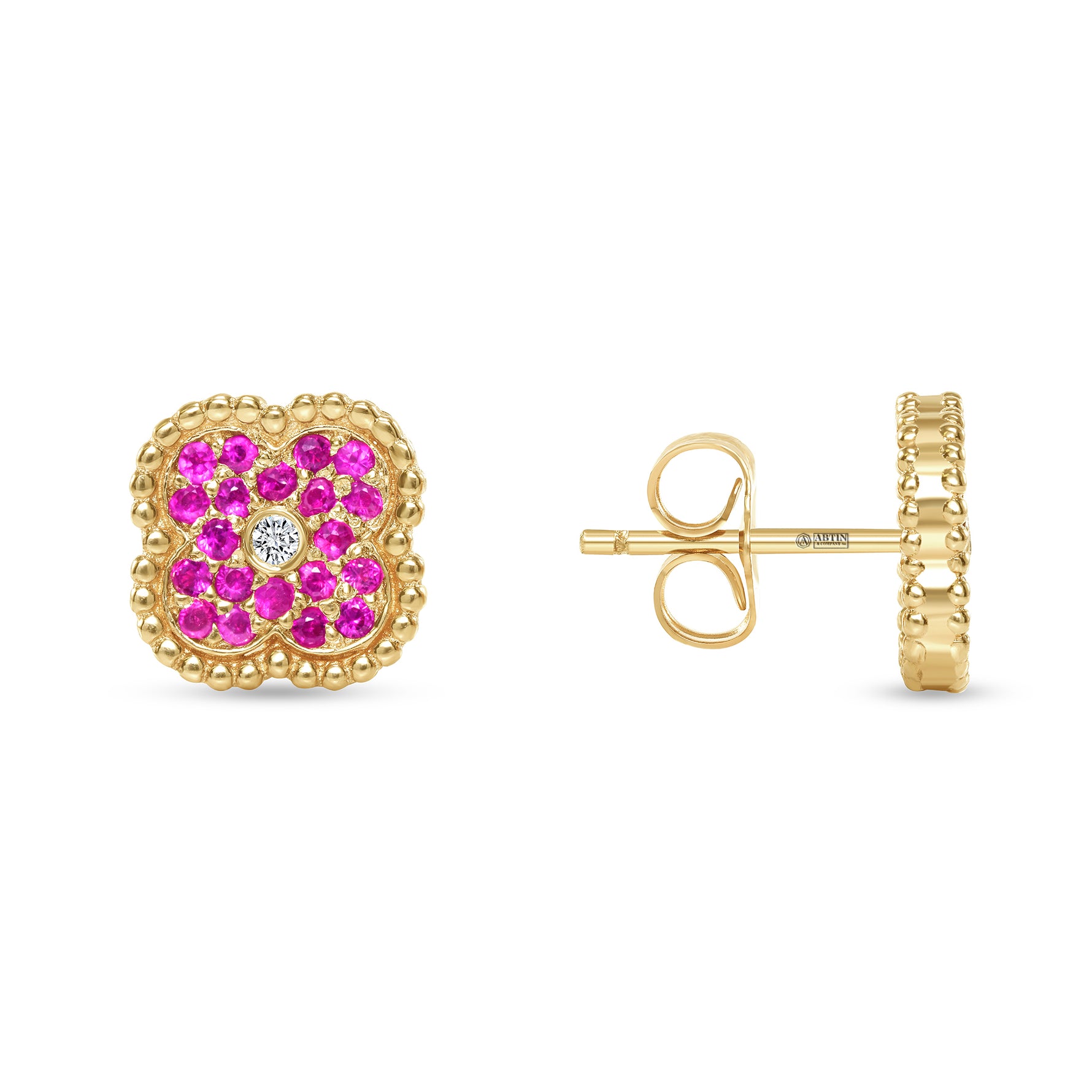 14K Gold Pink Sapphire & Diamond Floral Studs Earrings - Abtin & Company 