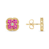 14K Gold Pink Sapphire & Diamond Floral Studs Earrings - Abtin & Company 