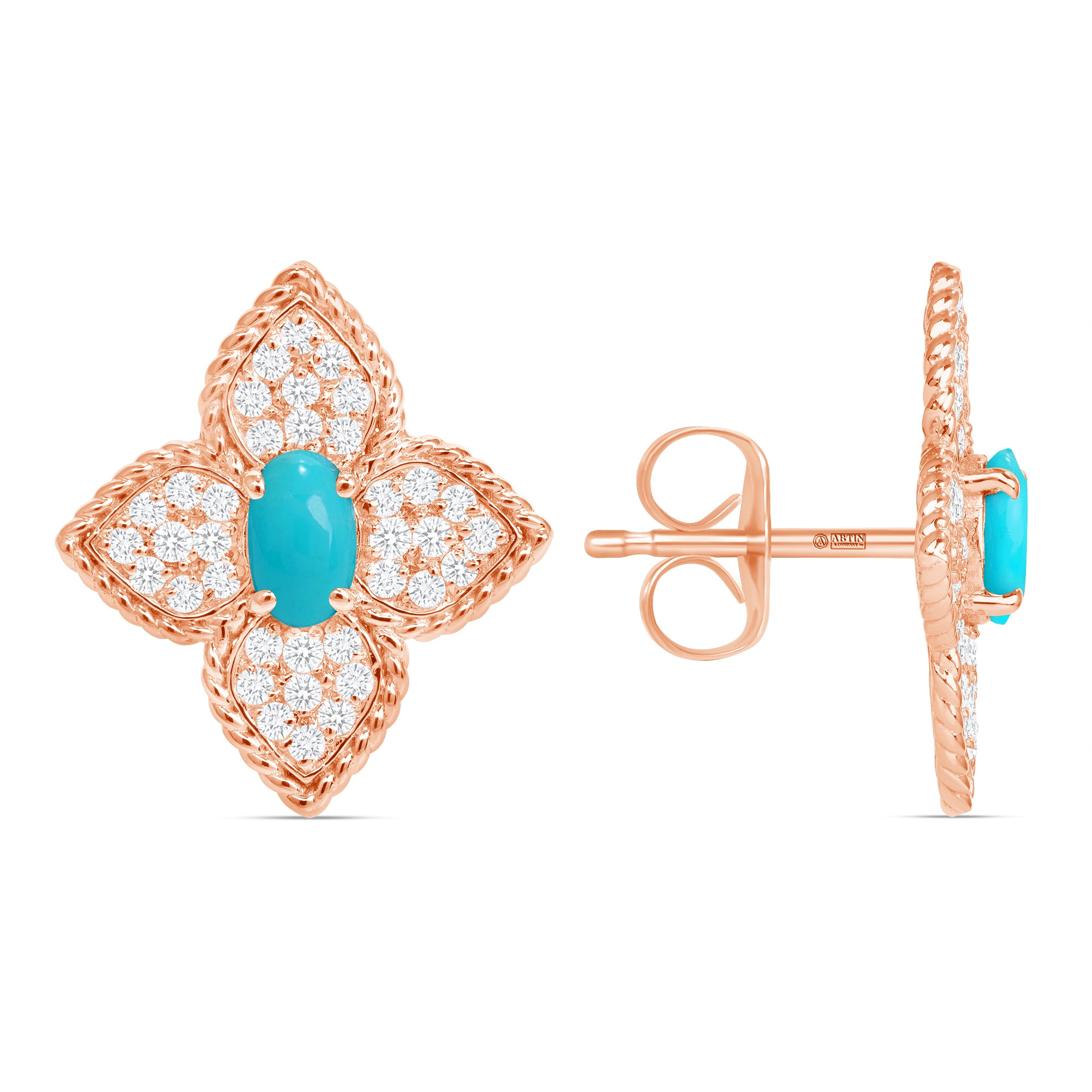 14K Gold Floral Turquoise and Diamond Pave Set Studs Earrings - Abtin & Company 