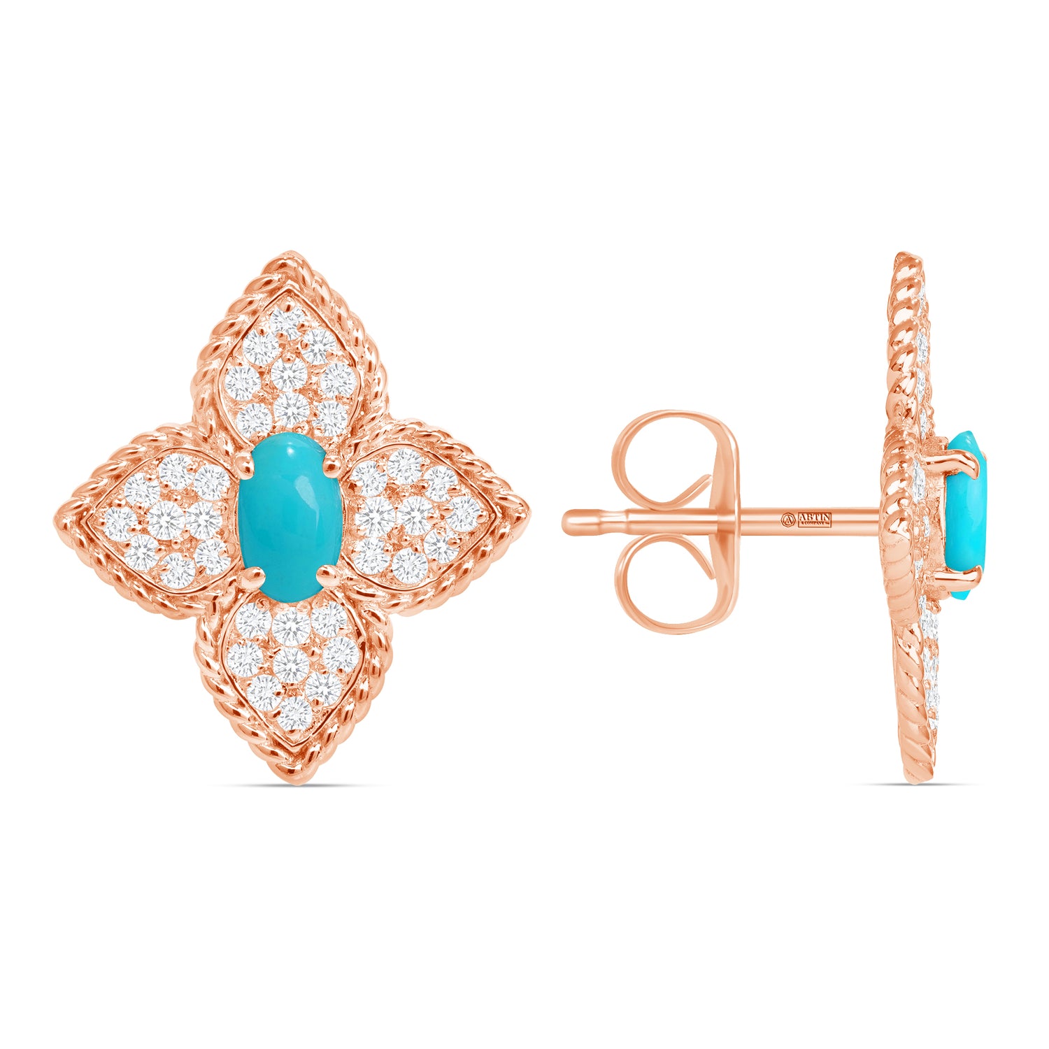 14K Gold Floral Turquoise and Diamond Pave Set Studs Earrings - Abtin & Company 