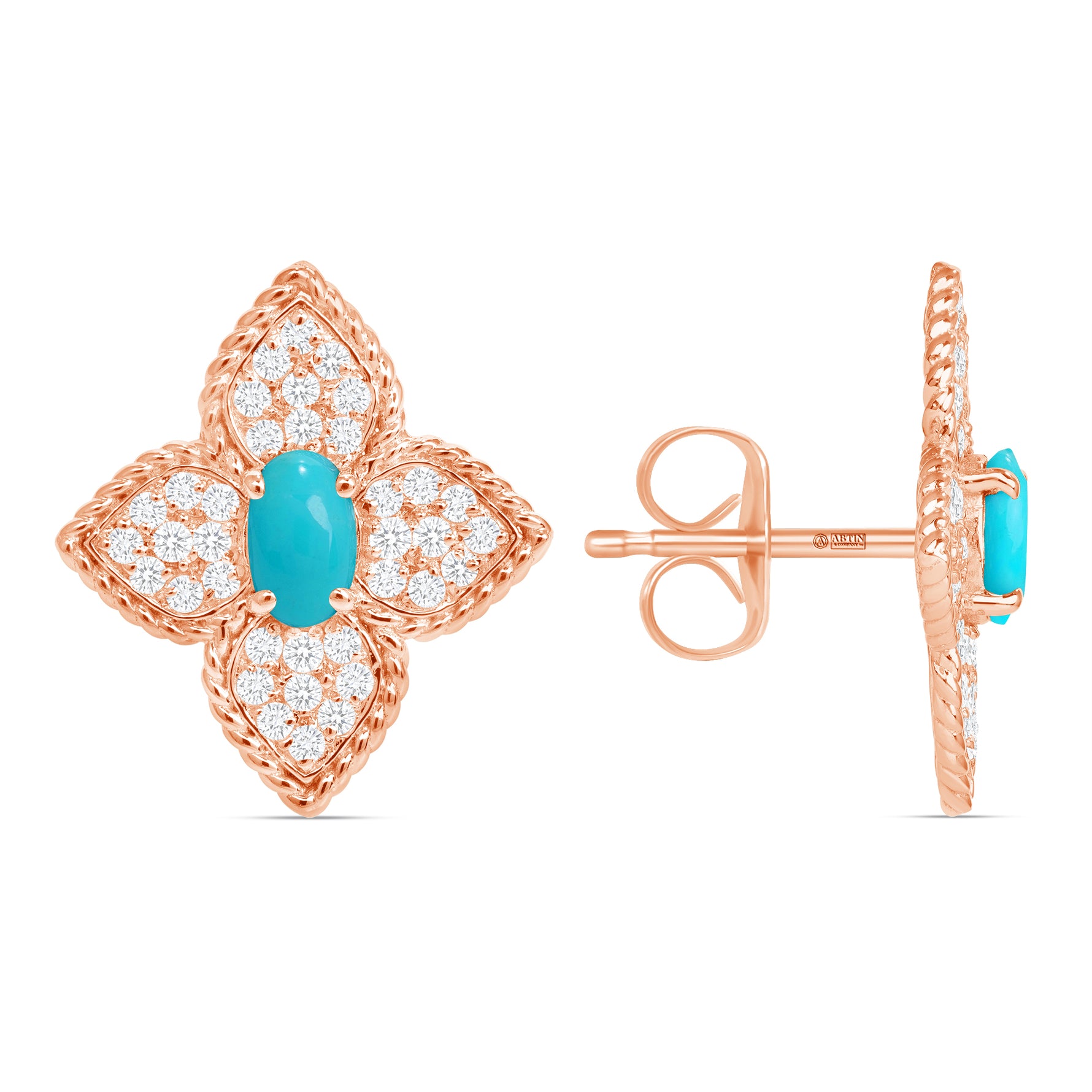 14K Gold Floral Turquoise and Diamond Pave Set Studs Earrings - Abtin & Company 