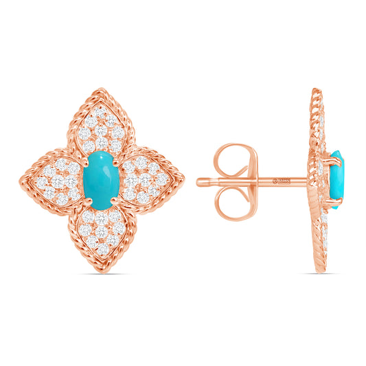 14K Gold Floral Turquoise and Diamond Pave Set Studs Earrings - Abtin & Company 