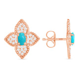 14K Gold Floral Turquoise and Diamond Pave Set Studs Earrings - Abtin & Company 