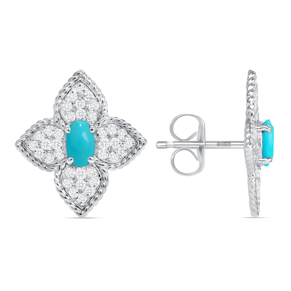 14K Gold Floral Turquoise and Diamond Pave Set Studs Earrings - Abtin & Company 