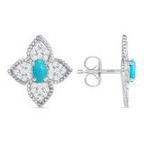 14K Gold Floral Turquoise and Diamond Pave Set Studs Earrings - Abtin & Company 