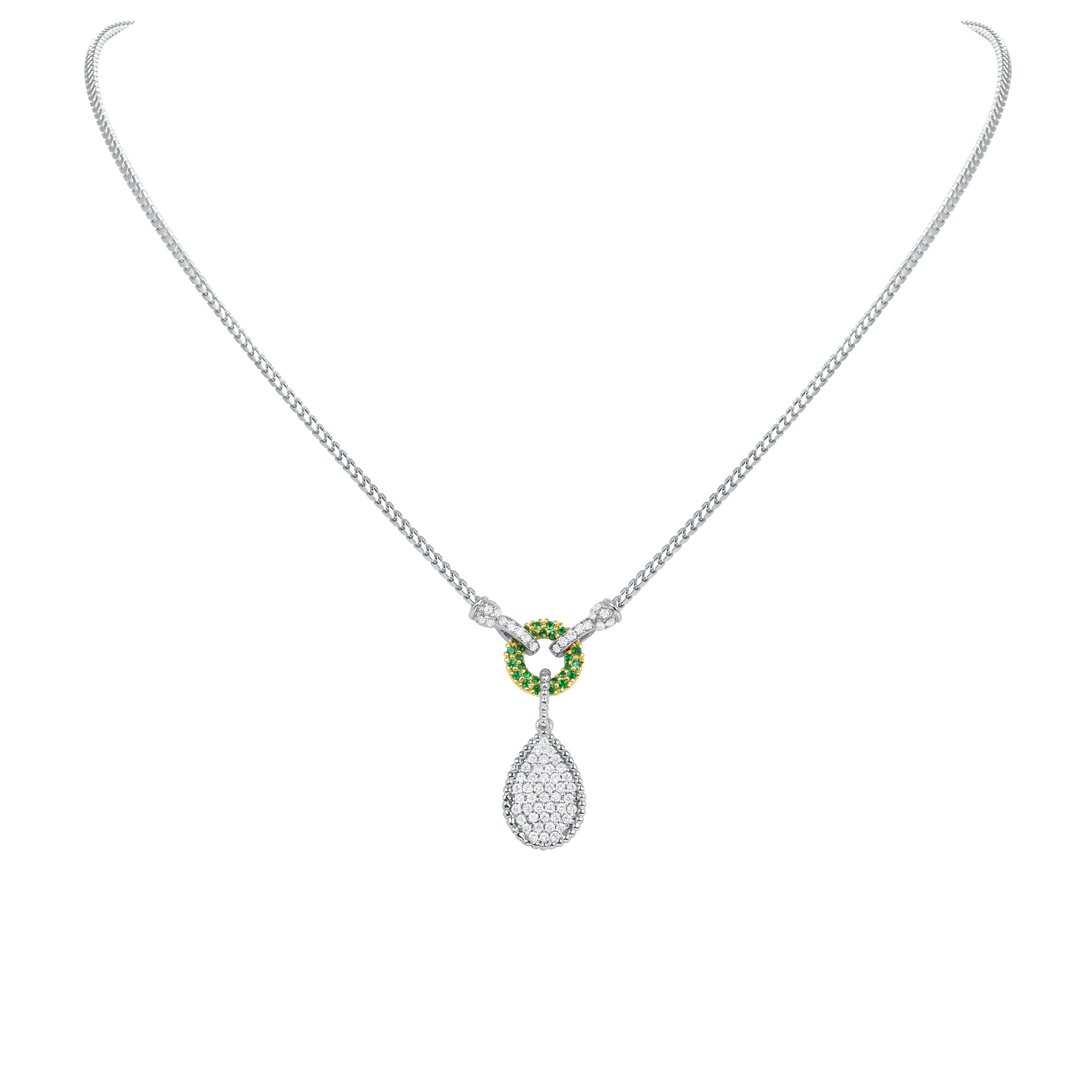 14K White Gold Pave Diamond & Emerald Tear-Drop Shape Drop Pendant - Abtin & Company 